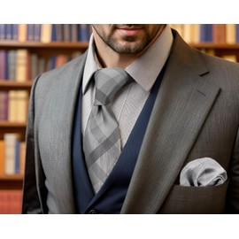 S1 SHLAX&WING Check Grey Men's Necktie 100% Silk, 3.1 x 58.7 inches (8 x 147 cm) tie + pocket