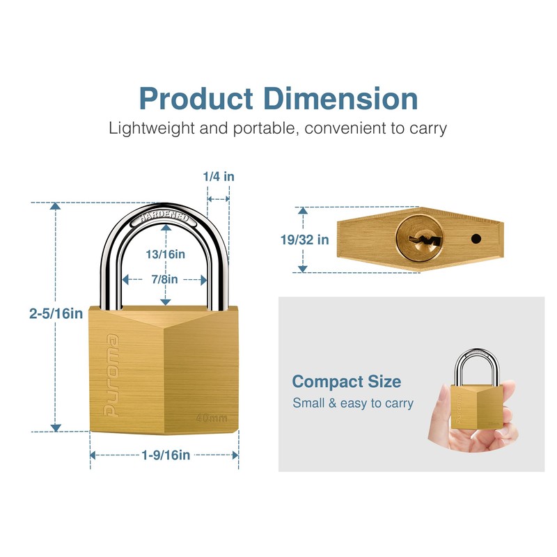 Puroma 1 Pack Keyed Padlock Waterproof Solid Brass Lock, 1.1