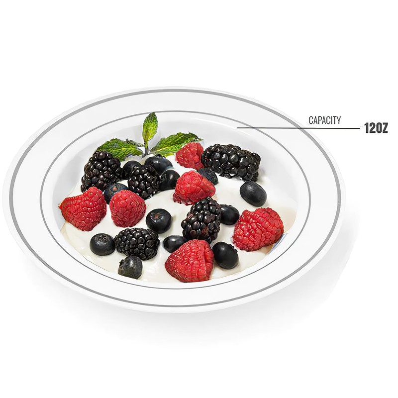 Kaya Elegant White & Silver Rim Disposable Plastic Soup Bowls