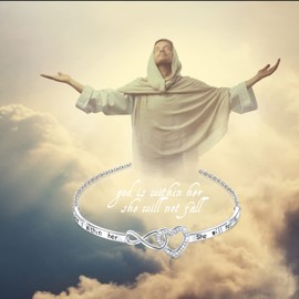 925 Sterling Silver Heart Infinity Bracelet for Women Engraved "God is in her, she will not fall", Adjustable Bracelets for Daughter, Girlfriend, Wife, Valentine's Day Gifts, Sterling Silver