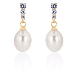 Sterling Silver Gold Plated Fresh Water Cultured Pearl Cubic Zirconia Earrings (Dangle)