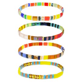 Tyebiva Tila Flat Beaded Bracelets Set for Women, 4Pcs Trendy Miyuki Glass Yellow Colorful Stack Beads Stretch Bracelet Outfit Accessories Jewelry Gift.