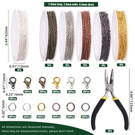 Keadic 247Pcs 2mm 3mm 5mm Link Chain Roll Assortment Set with Open Jump Rings, Lobster Clasps and Jewelry Pliers, Chain Extenders Jewelry Findings for Anklet Necklace Bracelet Earring Making
