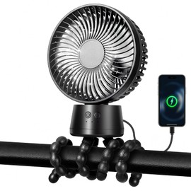 POPERFUN 50H Portable Stroller Fan, 15000mAh Ultra-Long Battery Powered Rechargeable Personal Fans, Tripod Clip Fan with Auto Rotation，3 Speed Desk Handheld Cooling for Travel Car Seat Bedroom