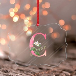 2022 Pink Monogram Initial Letter C Acrylic Christmas Ornaments English Alphabet Monogrammed Christmas Bauble Flowers Name Keepsake Collectible Gift Tree Decoration Stocking Name Tag