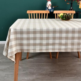 Yofori Heavy Duty Cotton Linen Tablecloth for Rectangular Tables Checkered Table Cloth for Kitchen Dinning Tabletop Decoration (Beige, 135 x 180 cm)