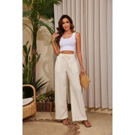 KICZOY Women Summer Pants Flowy Pants Drawstring Waist Wide Leg Palazzo Beach Pants Loose Fit with Pockets Cream