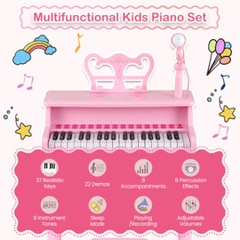 Costzon Kids Piano, 37 Key Toy Piano Keyboard with Microphone, Stool & Music Stand, Portable Electronic Educational Musical Instrument Toy, Birthday Gift for Toddler Boys Girls (Pink)