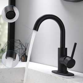 FROPO Black Bathroom Faucets | Matte Black Vanity Faucet with Pop-Up Drain, Modern Single Hole Bathroom Sink Faucet with Deck Plate Single Handle Lavatory Faucet 360° Swivel Spout Bar Sink Faucet