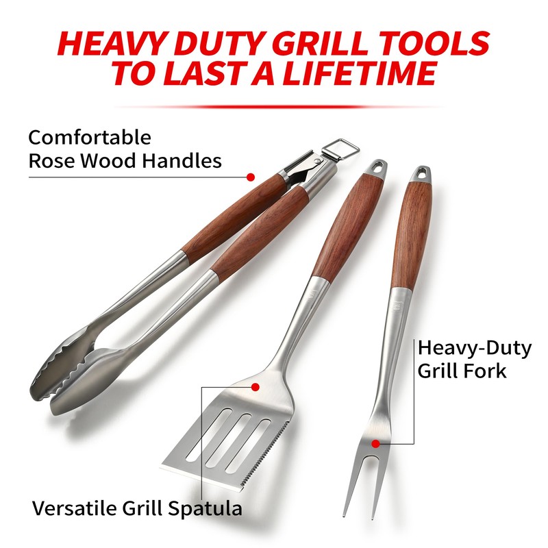 GRILAZ Heavy-Duty Rose Wooden BBQ Grilling Tools Set. Extra Thick