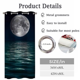 Moon Slider Long Curtains Night Lake Water Blackout Grommet Curtain for Bedroom Kitchen Shower Living Room 34" W x 80" L,1 Panel