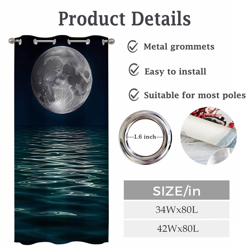 Moon Slider Long Curtains Night Lake Water Blackout Grommet Curtain