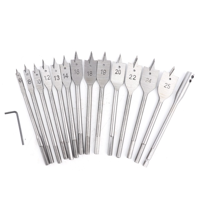 15pcs Carbon Steel Hex Shank Spade Flat Wood Drill Bit