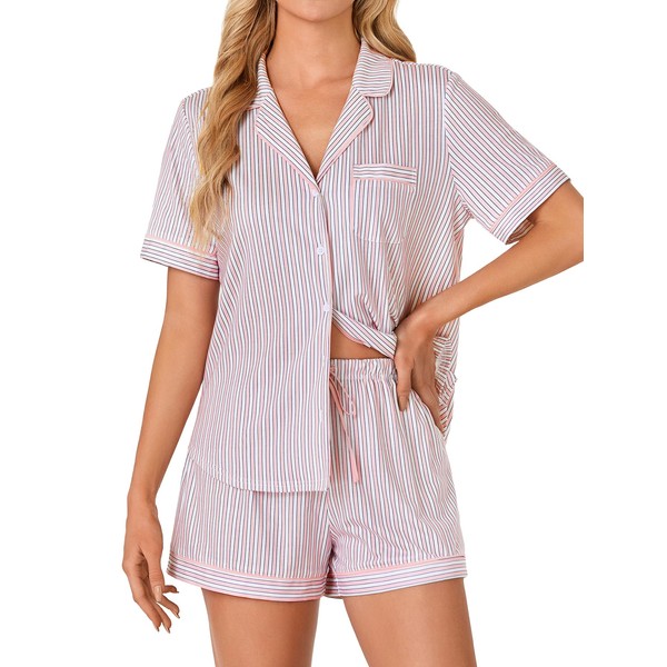 LYANER Women's Pajama Sets Striped Button Down Pj Set Sleepwear