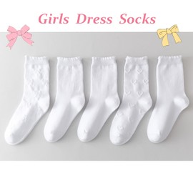 Marchare Girls Ruffle Socks White Dressy Socks 5-8 Liti heart 5p School Uniform Sock Heart Bow Design For Girl