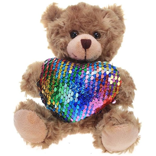 Plushland Stuffed Mocha Heart Bear - Plush Bear Toy for Kids & Adults - Embroidered Heart Pillow - Brown-6 inches (Colorful Heart)