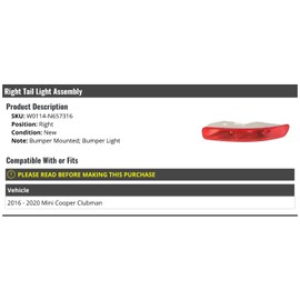 Right Passenger Side Bumper Mounted; Bumper Tail Light - Compatible with 2016-2020 Mini Cooper Clubman