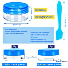MotBach 100 Pcs 5g Empty Plastic Containers with Blue Lids,Mini Makeup Sample Containers, Small Sample Pot Jars Round Cosmetic Jars with Mini Spatulas for Liquid Sample Powder Creams Lotions