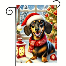 Merry Christmas Garden Flag 12X18 Double Sided Winter Dachshund Dog Garden Flag with Santa Hat Snowflake Red Small Flag for Indoor Outdoor Yard Home Decor Banner