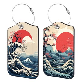 2 Pack Luggage Tag for Suitcase Japanese Retro Mountain Moon Wave Leather Travel Cruise Luggage Tag with Stainless Steel Loop Name ID Label Privacy Cover for Adults Teens Travel Bag Labels Set