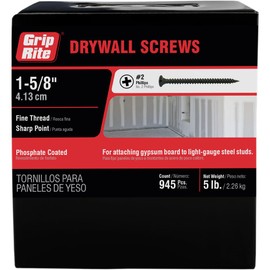 Grip-Rite 158DWS5#6 X 1-5/8" Phillips Bugle Head Fine Thread Sharp Point Drywall Screw, 5lb Box