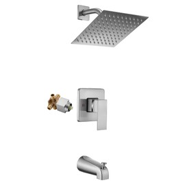 GGStudy Shower Faucet Set, Brushed Nickel Tub Shower Faucet with 8 Inch Square Rainfall Shower Head and Tub Spout Shower Tub Faucet Set Complete Included Shower ValveTub Shower Trim Kit