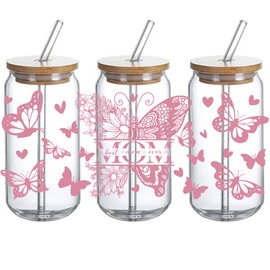 UV DTF Glass Cup Wrap Transfer - Best Mom Ever - Pink Butterfly UVDTF Wrap Cup Decal Waterproof Decal for 16oz Glass Cups, Ceramic Mug DIY Crafts, Gifts for Mom - 3PCS
