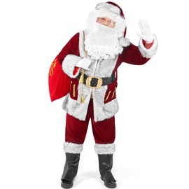 Higen Santa Claus Costume for Men, Deluxe 11pcs Professional Christmas Velvet Santa Suit Set Cosplay Outfit Plus Size for Adult