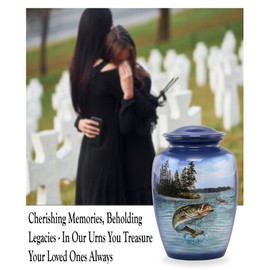 Gone Fishing Bass Cremation Urn – Adult Urn for Human Ashes up to 210 lbs – Fisherman Tribute Memorial Funeral Urn for Men and Women – Full Size Bass Fish Urn with Velvet Bag (Large)