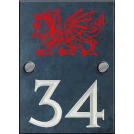 Engraved Slate House Number Sign Plaque with Hand Painted Motif - Dragon Motif