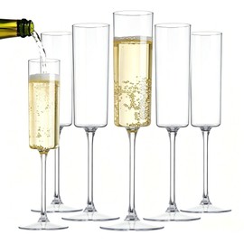 Plastic Champagne Flutes, Disposable Stemless-Look Glasses with Long Stems, Clear & Shatterproof, Perfect for Weddings, Parties, Mimosas, or the Bar 6oz Set of 24P