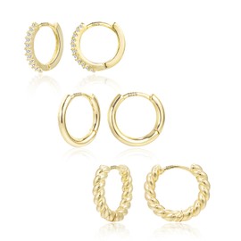 Small Gold Hoop Earrings for Women, ALEXCRAFT 14K Goldplated Huggie Earrings with Zirconia Small Hoop Earings Cartilage Sleepers Hypoallergenic Earrings Sets for Multiple Piercing