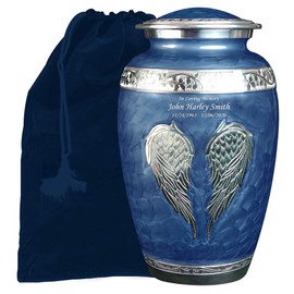 Blue Angel Wings Funeral Cremation Urn Velvet Bag and Personalization (Royal Blue, Large)