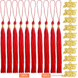 10pcs Graduation Tassels Red Handmade Tassel Grad Cap Decorations with 10pcs Golden 2025 Year Date Charms for 2025 Graduates Graduation Hats Ceremonies Parties Celebrations