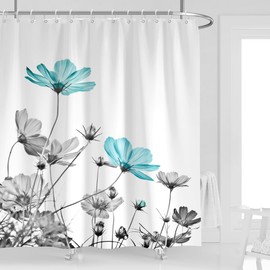 Kikiry Extra Long Shower Curtain 72''W x 84''L Tall Teal Gray Floral Daisy Elegant Flower Grey Cute Wildflower Botanical Bathroom Curtains Accessories Polyester Fabric Waterproof 12 Pack Hooks