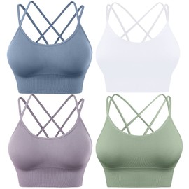 Evercute - Sujetadores deportivos con espalda cruzada, acolchados, con tiras cruzadas, para yoga, entrenamiento, fitness, bajo impacto, ⑥Blanco Azul Verde Lavanda Paquete de 4, Large