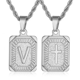 SKQIR Initial Letter Necklaces for Men,14K Silver Plated V Square Pandent Letter Necklace for Women,Cross Necklace with Letter chain Pendant for Boys