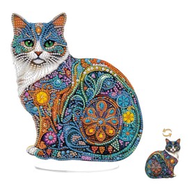 Eiflow Tabletop Diamond Art Kit Cat, Desktop Diamonds Painting Board Kit for Adults, DIY Stand Up Acrylic Gem Art Craft Placement Ornament Animal