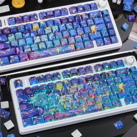 JOMKIZ Starry Night V5 PBT Keycaps 128 Keys Cherry Profile Van Gogh Art Keycaps Set Five Side Dye Sublimation Shine Through Side Print for Mechanical Keyboard 60% 65% 75% 100% MX Switches