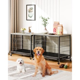 Dog Crate Furniture, 27.2'' Wooden Dog Kennel with Wheels and Double Door, Decorative Pet House with Removable Tray, Modern End Table, Metal Dog Cage for Living Room, Bedroom, Outdoors, Grey