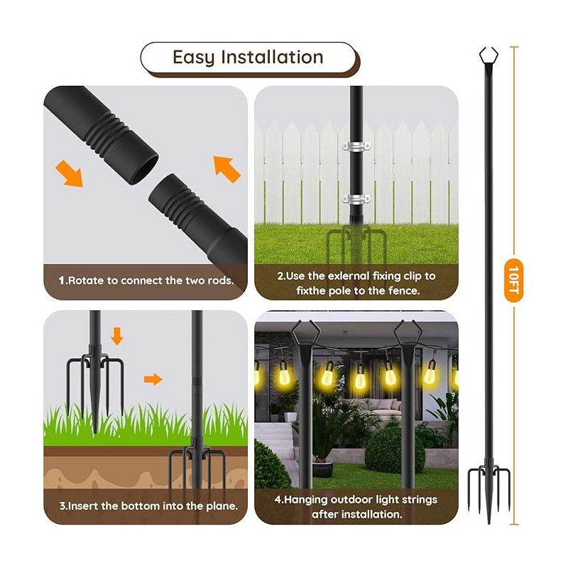 10Ft String Light Poles Light Poles forOutside Lights,Outdoor with Fence