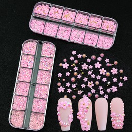 VOTACOS Flatback Nail Art Rhinestones Flower Nail Charms with AB Rhinestones Glue Gel Pink Nail Supplies Accessories Nail Gems Resin Rhinestones for Bedazzling Crafting & Women Nail Design Decor