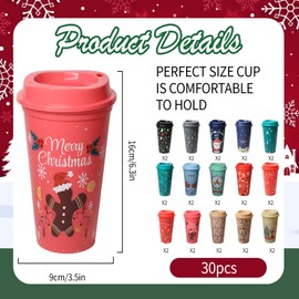 Topphopy 30 Pack Christmas Coffee Cups with Lids 16oz, Reusable Holiday Plastic Tumblers for Hot,Cold Drinks, Festive Xmas Coffee Mugs Gift Set for Women Teachers Friends, Winter Party Cups Supplies