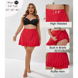 Halcurt Women's Plus Size High Waisted Ruffle Swim Skirts with Hipster Tankini Bottoms, Red Skirt, 4X