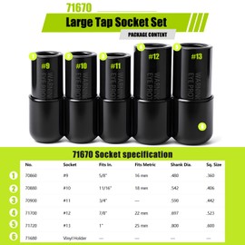 71670 Large Tap Socket Set, 5-Piece Tap Socket Adapter Kit, Fits 5/8", 11/16", 3/4", 7/8" & 1" Taps, 1/2" Drive, Compatible with M.C.T.I. Standard Taps