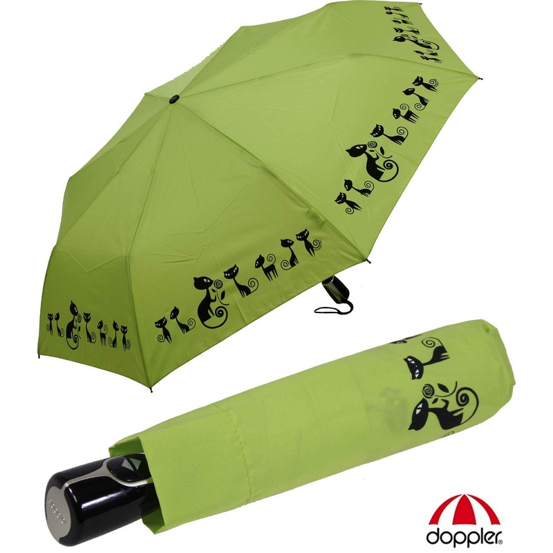 Doppler Mini Pocket Umbrella Open-Close Automatic Cats, lime, Cat Pattern,