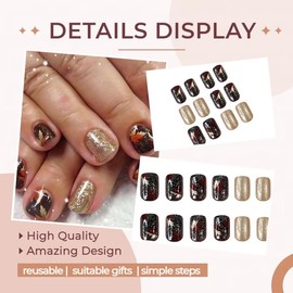 24Pcs Fall Press on Nails Short Square Fake Nails Gold Glitter Maple Leaf False Nails Thanksgiving Leaves Full Cover Stick on Nails Bling Glitter Artificial Nail for Women Autumn Winter Nail Art