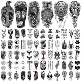 77 Sheets Adult Kids Temporary Tattoo, Nordic Viking Fake Tattoos Stickers, Half Arm Sleeve Tattoo Body Art