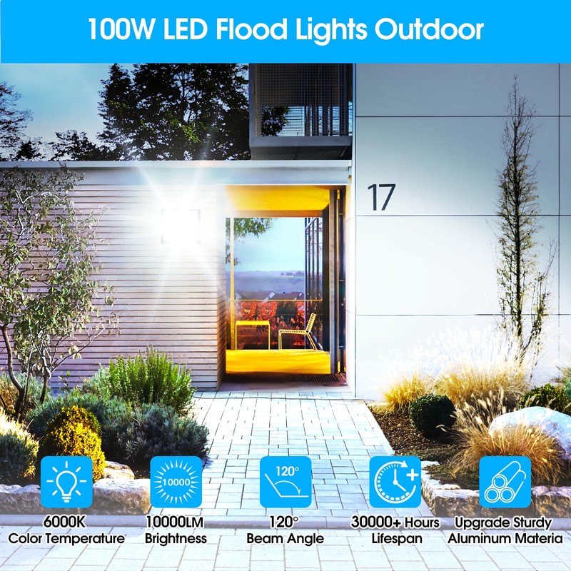 Yolovis Flood Lights Outdoor,100W 10000LM Super Bright LED Work Flood