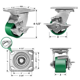 FOVERSWIVE 3"x2" Heavy Duty Casters- Polyurethane on Steel Wheel, Capacity up to 800 Lb. Use for Platform Truck, U-Boat Cart, Workbenches (1 Brake)